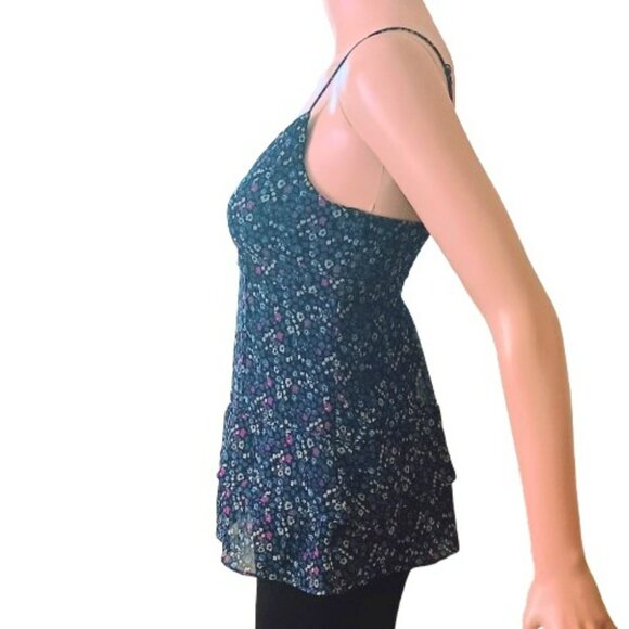 American Eagle Sheer Layered Top XS Blue Floral Lined Shirred Back Tank - Picture 3 of 9